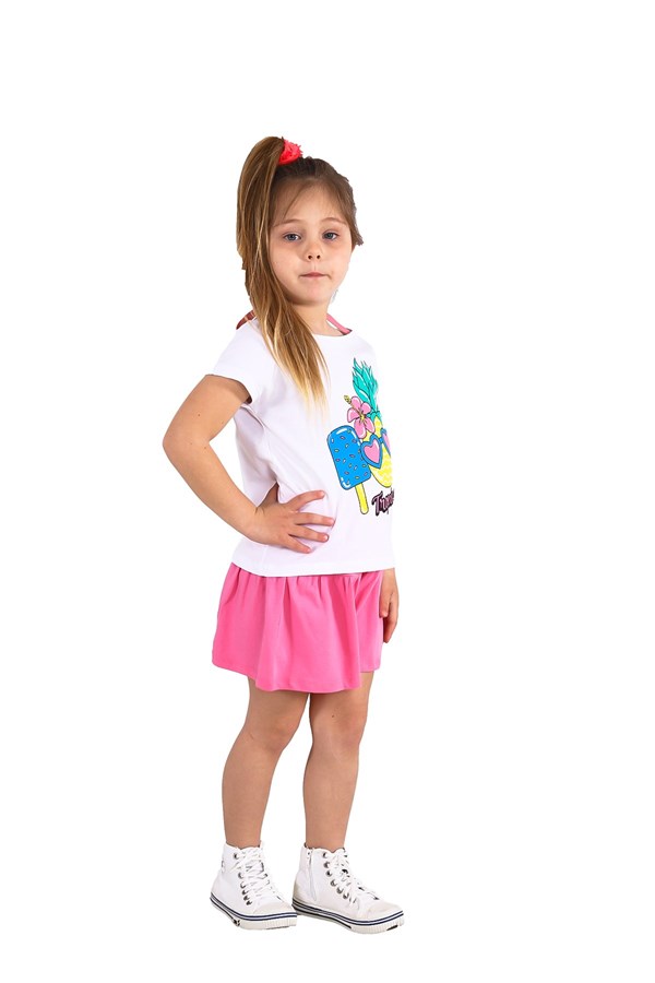 Silversunkids | Kız Çocuk Beyaz Renkli Baskılı Askı Detaylı  Tişört ve Şort Takım | KT 218171