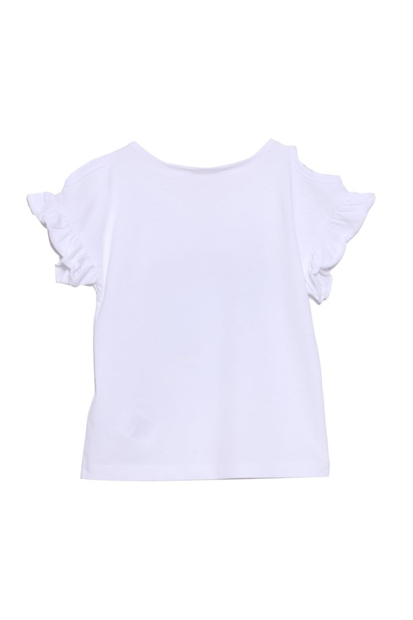 Silversunkids | Kız Çocuk Beyaz Renkli Baskılı Kolları Fırfırlı Omuzdan Düğmeli Tişört | BK 217976