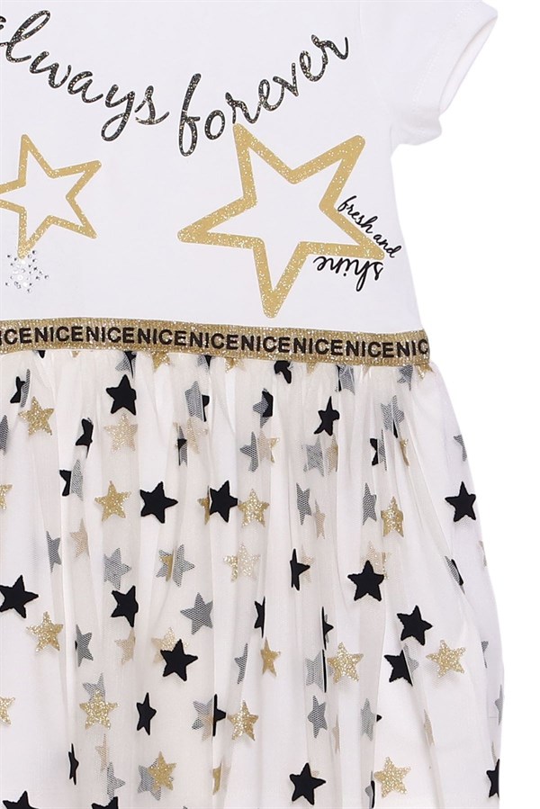 Silversunkids | Kız Çocuk Ekru Renkli Baskılı Etekleri Yıldız Desenli Tüllü Elbise | EK 217901