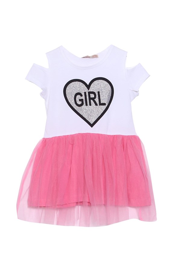 Silversunkids | Kız Çocuk Fuşya Renkli Baskılı Etekleri Tüllü Elbise | EK 218359