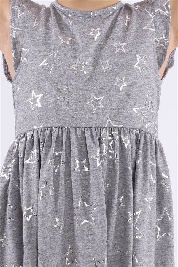 Silversunkids | Kız Çocuk Gri Renkli Yıldız Baskılı Kolları Fırfırlı Örme Elbise | EK 218494