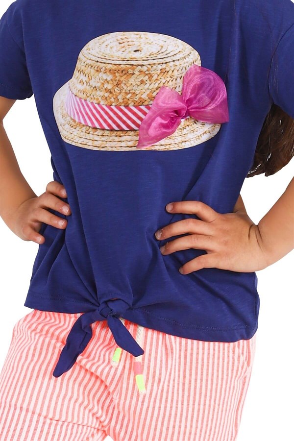 Silversunkids | Kız Çocuk Koyu Mavi Renkli Baskılı Önden Bağlamalı Tişört | BK 218347