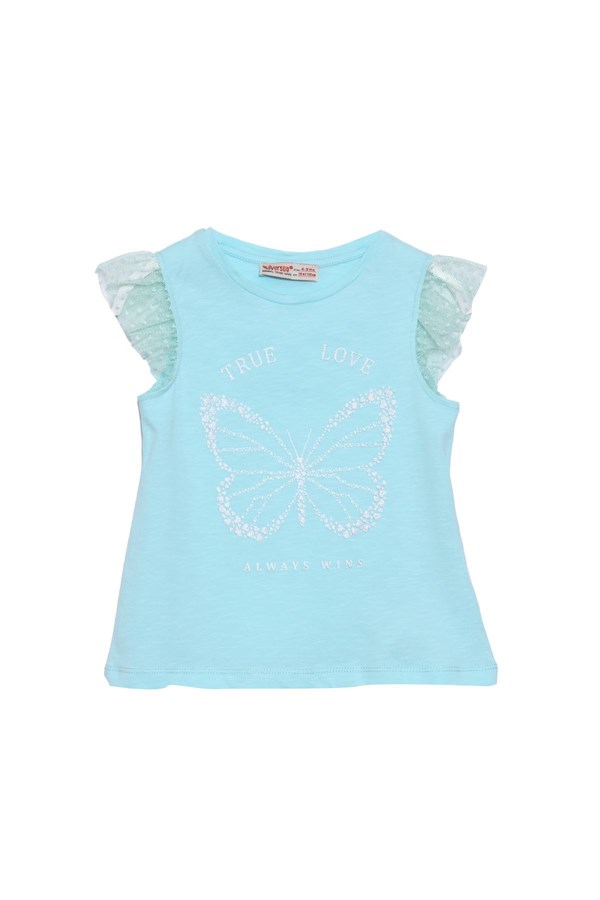Silversunkids | Kız Çocuk Mint Renkli Baskılı Kolları Tül Detaylı Tişört | BK 218362