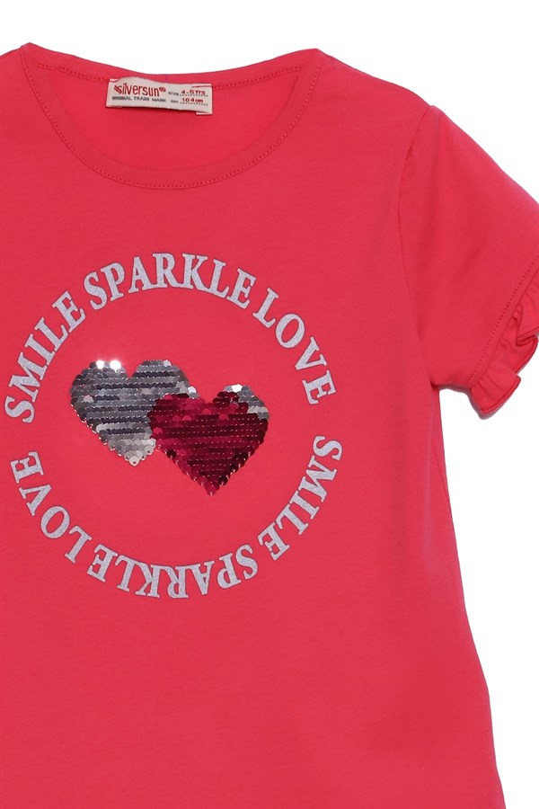 Silversunkids | Kız Çocuk Pembe Renkli Payet İşlemeli Kolları Fırıfırlı Tişört | BK 218360