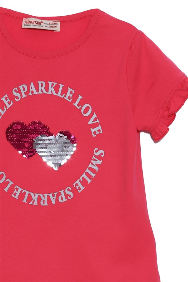 Silversunkids | Kız Çocuk Pembe Renkli Payet İşlemeli Kolları Fırıfırlı Tişört | BK 218360