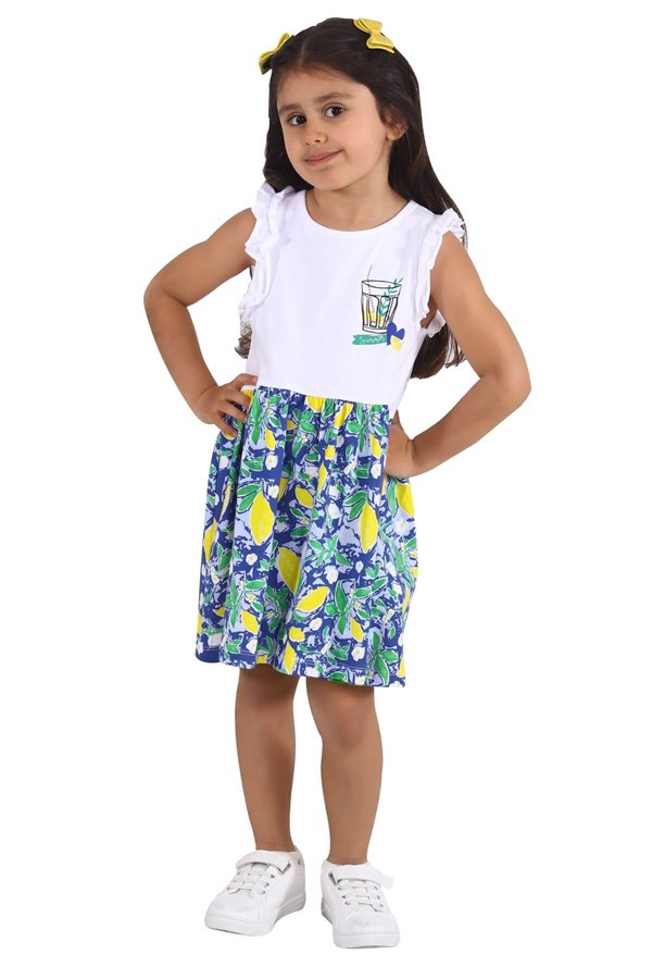 Silversunkids | Kız Çocuk Saks Renkli Kolları Fırfılı Etekleri Desenli Örme Elbise | EK 217988
