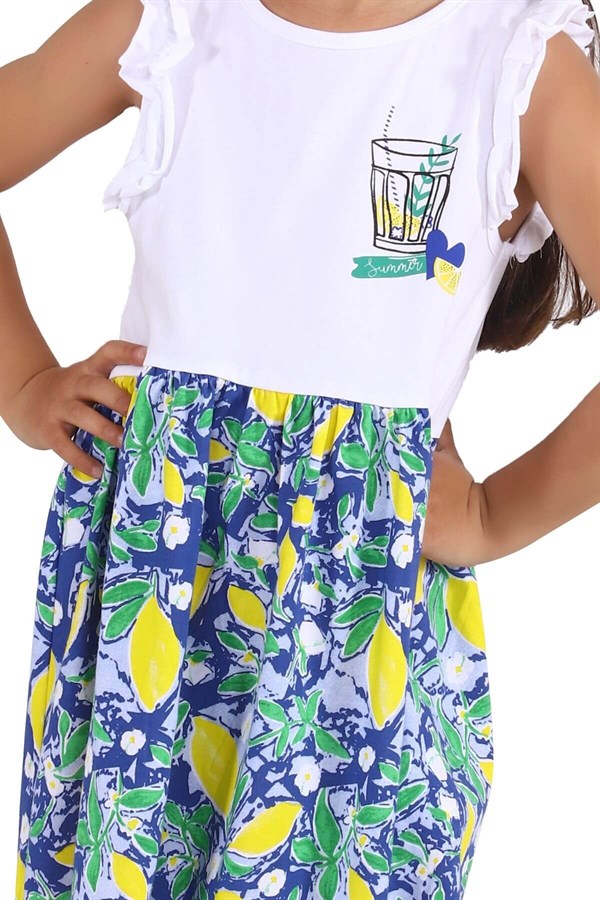 Silversunkids | Kız Çocuk Saks Renkli Kolları Fırfılı Etekleri Desenli Örme Elbise | EK 217988