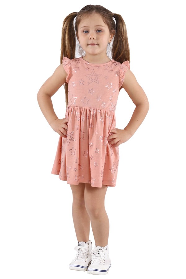 Silversunkids | Kız Çocuk Somon Renkli Yıldız Baskılı Kolları Fırfırlı Örme Elbise | EK 218494