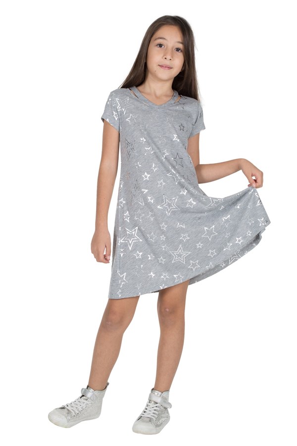 Silversunkids | Kız Genç Gri Melanj Renkli Yıldız Baskılı Kısa Kollu Elbise Örme Elbise | EK 315919