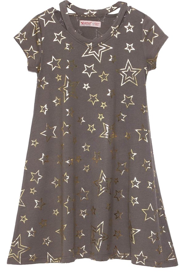 Silversunkids | Kız Genç Haki Renkli Yıldız Baskılı Kısa Kollu Elbise Örme Elbise | EK 315919