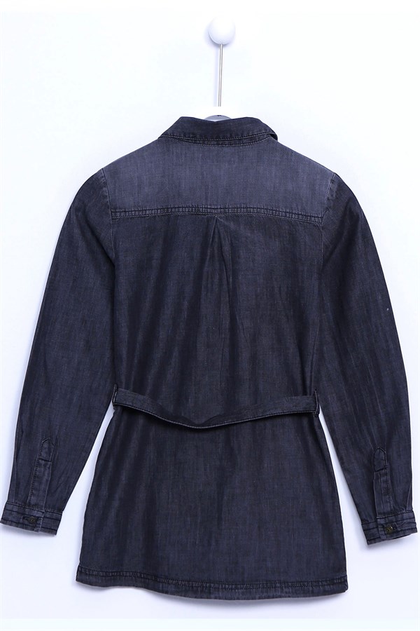 Siyah Renkli Kot Gömlek Denim Uzun Kollu Cepli Kemerli Tunik Gömlek Kız Çocuk |GC 310814