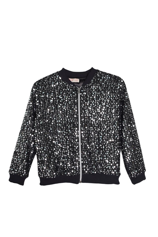 Siyah Renkli Pul Payet İşlemeli Fermuarlı Genç Kız Sweatshirt-JM 318618 |Silversunkids