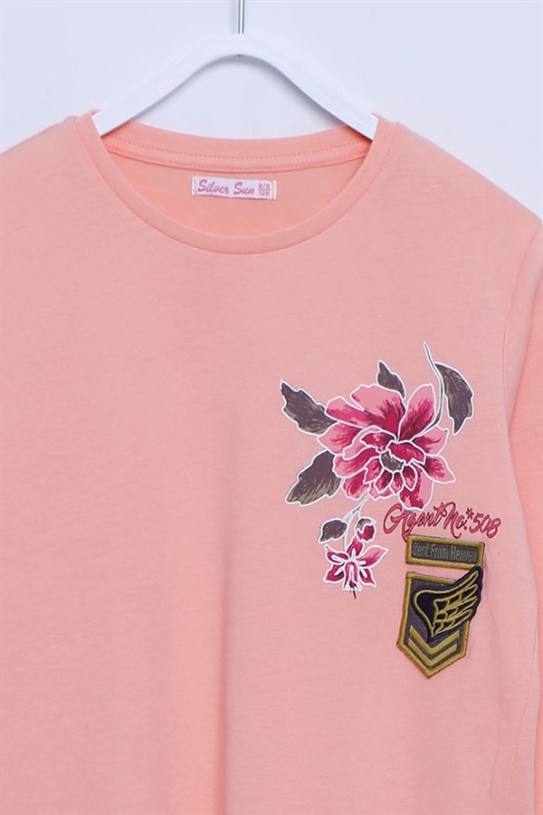 Somon Renkli Uzun Kollu T-Shirt Örme Uzun Kollu Baskılı Armalı Tişört Kız Çocuk |BK-312730