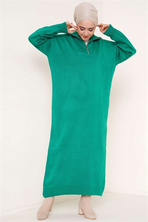 2441 Yakası Fermuarlı Triko Elbise Yeşil
