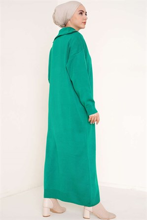2441 Yakası Fermuarlı Triko Elbise Yeşil