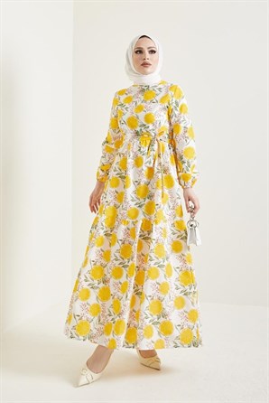 435 Limon Desenli Tesettür Elbise Sarı