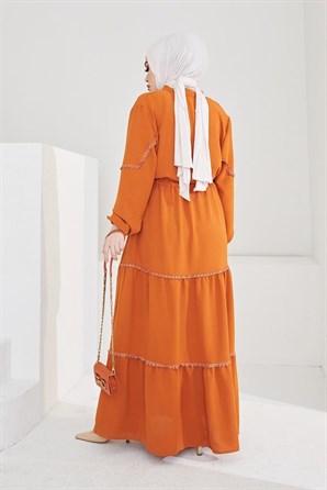 6601-1 Güpür Detaylı Tesettür Elbise Turuncu