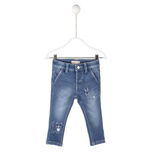 A. Mavi Renkli Cepli Baskılı Bebek Kız Kot Pantolon PC 115061