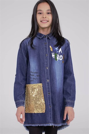 Açık Denim Renkli Baskılı Payetli Etek Ucu Püsküllü Kız Çocuk Gömlek|GC 312821