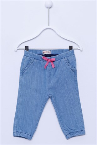 Açık Denim Renkli Bel Ve Paçalar Lastikli Bebek Kız Kot Pantolon |PC-113119
