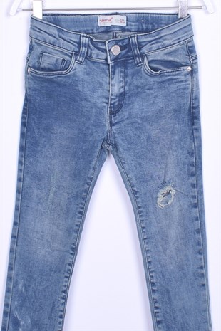 Açık Denim Renkli Kot Pantolon Denim 5 Cepli Paçası Püsküllü Yırtık Detaylı Kot Pantolon Kız Çocuk |PC 210576