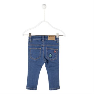 Açık Mavi Renkli Cepli Pul İşlemeli Bebek Kız Kot Pantolon |PC 114921