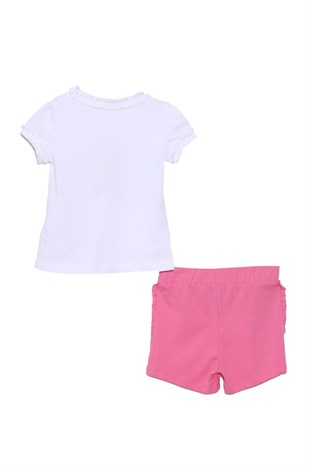 Bebek Kız Beyaz Renkli Baskılı Kolları Ve Boynu Fırfırlı Tişört ve Şort Takım | KT 118216