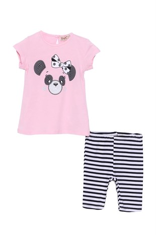 Bebek Kız Pembe Renkli Baskılı Tişört ve Çizgili Tayt Takım | KT 118550