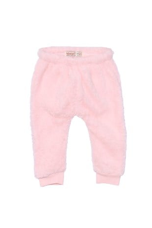 Bebek Kız Pembe Renkli Beli ve Paçaları Lastikli Pelüş Sweatpantolon Takım - JP 113141
