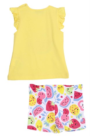 Bebek Kız Sarı Renkli Baskılı Kolları Fırfırlı Omuzdan Düğmeli Tişört ve Şort Takım | KT 118047