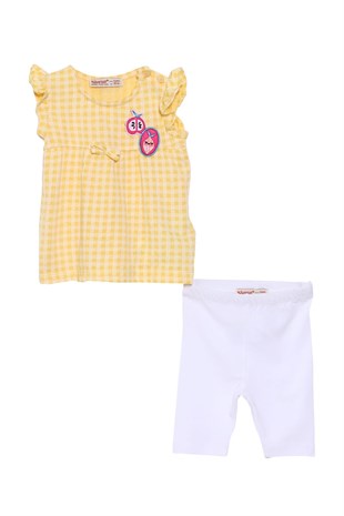 Bebek Kız Sarı Renkli Pötikareli Kolları Fırfırlı Tişört ve Tayt Takım | KT 118050
