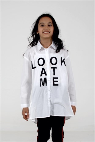 Beyaz Renkli Dokuma Gömlek Dokuma Uzun Kollu Baskılı Tunik Gömlek Kız Çocuk |GC-312756