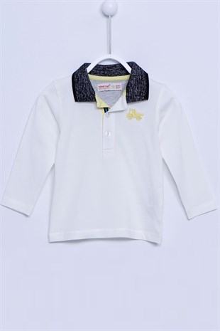 Beyaz Renkli Polo Yakalı Düğmeli Örme Uzun Kollu Tişört |BK 110002
