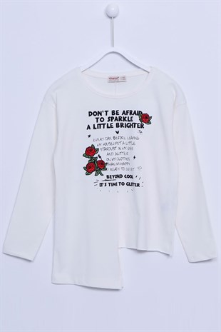 Beyaz Renkli Uzun Kollu T-Shirt Örme Uzun Kollu Baskılı Nakışlı Asimetrik Tişört Kız Çocuk |BK-312840