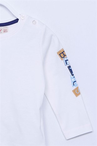 Beyaz Renkli Uzun Kollu T-Shirt Örme Uzun Kollu Kolu Baskılı Yaka Düğmeli Tişört Bebek Erkek |BK-113044