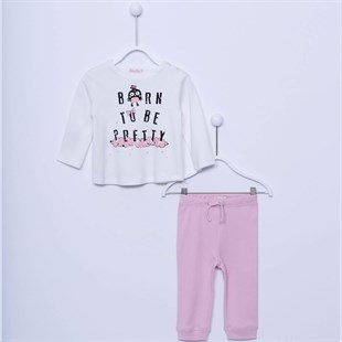 Ekru Renkli Baskılı Tişört ile Beli ve Paçaları Lastikli Bebek Kız Pijama Takım|PJM 112941