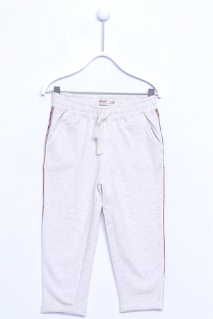 Ekru Renkli Sweat Pantolon Örme Beli Lastikli Şeritli Etnik Desen Eşofman Altı Kız Çocuk |JP 210471