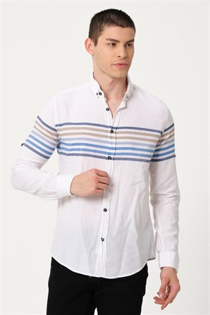 Erkek Beyaz Çizgili Comfort Fit Düğmeli Yaka Uzun Kollu Casual Gömlek - EGB PASEO | Silversun
