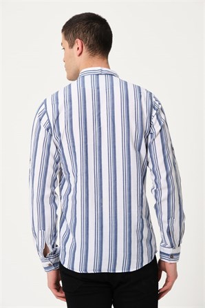 Erkek Beyaz Comfort Fit Düğmeli Yaka %100 Pamuk Mavi Çizgili Casual Gömlek - EGB MARERO | Silversun