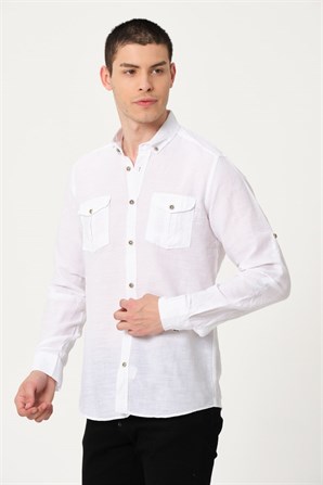 Erkek Beyaz Comfort Fit Düğmeli Yaka Cepli %100 Pamuk Flamlı Casual Gömlek - EGB CASCO | Silversun