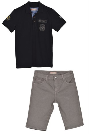 Erkek Çocuk  Polo Tişört Dokuma Şort Takım - & BK 315512 Siyah-SC 315519 A.Gri