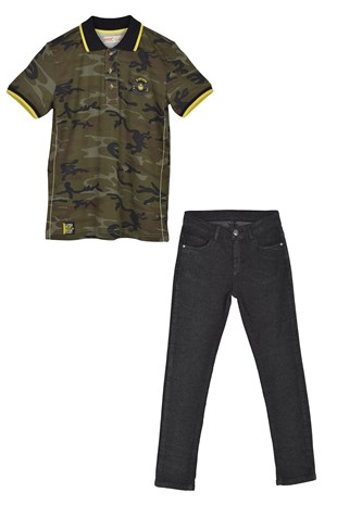 Erkek Çocuk Baskılı Polo Tişört ile Dokuma Pantolon Takım - & BK 315517 Haki-PC 315522 Siyah