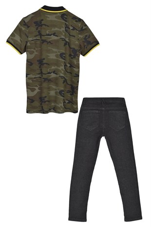 Erkek Çocuk Baskılı Polo Tişört ile Dokuma Pantolon Takım - & BK 315517 Haki-PC 315522 Siyah