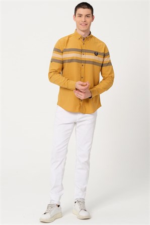 Erkek Hardal Comfort Fit Düğmeli Yaka %100 Pamuk Çizgili Casual Gömlek - EGB PANNO | Silversun