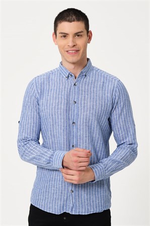Erkek Koyu Mavi Comfort Fit Düğmeli Yaka Uzun Kollu Casual Gömlek - EGB NOVA | Silversun