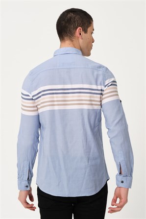 Erkek Mavi Çizgili Comfort Fit Düğmeli Yaka Uzun Kollu Casual Gömlek - EGB PASEO | Silversun