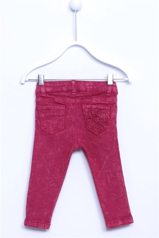 Fuşya Renkli Cepleri Nakış Detaylı Yıkamalı Bebek Kız Pantolon |PC 110117