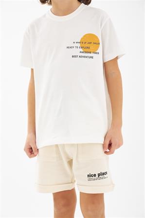 Genç Erkek Ekru Ön ve Arka Baskılı Tişört - BK 319255 |Silversun