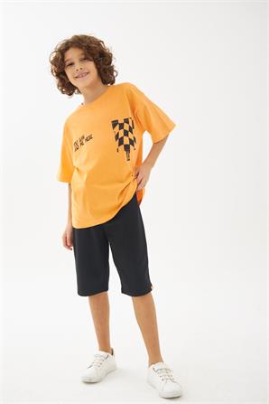 Genç Erkek Oranj Bisiklet Yakalı Ön ve Arkası Baskılı Tişört - BK 319252 |Silversun