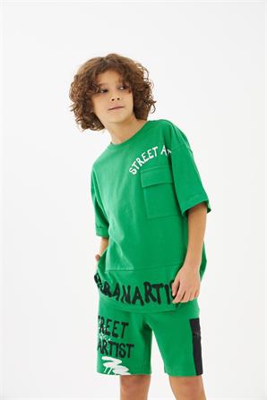 Genç Erkek Yeşil Baskılı Örme Şort - SC 319274 |Silversun